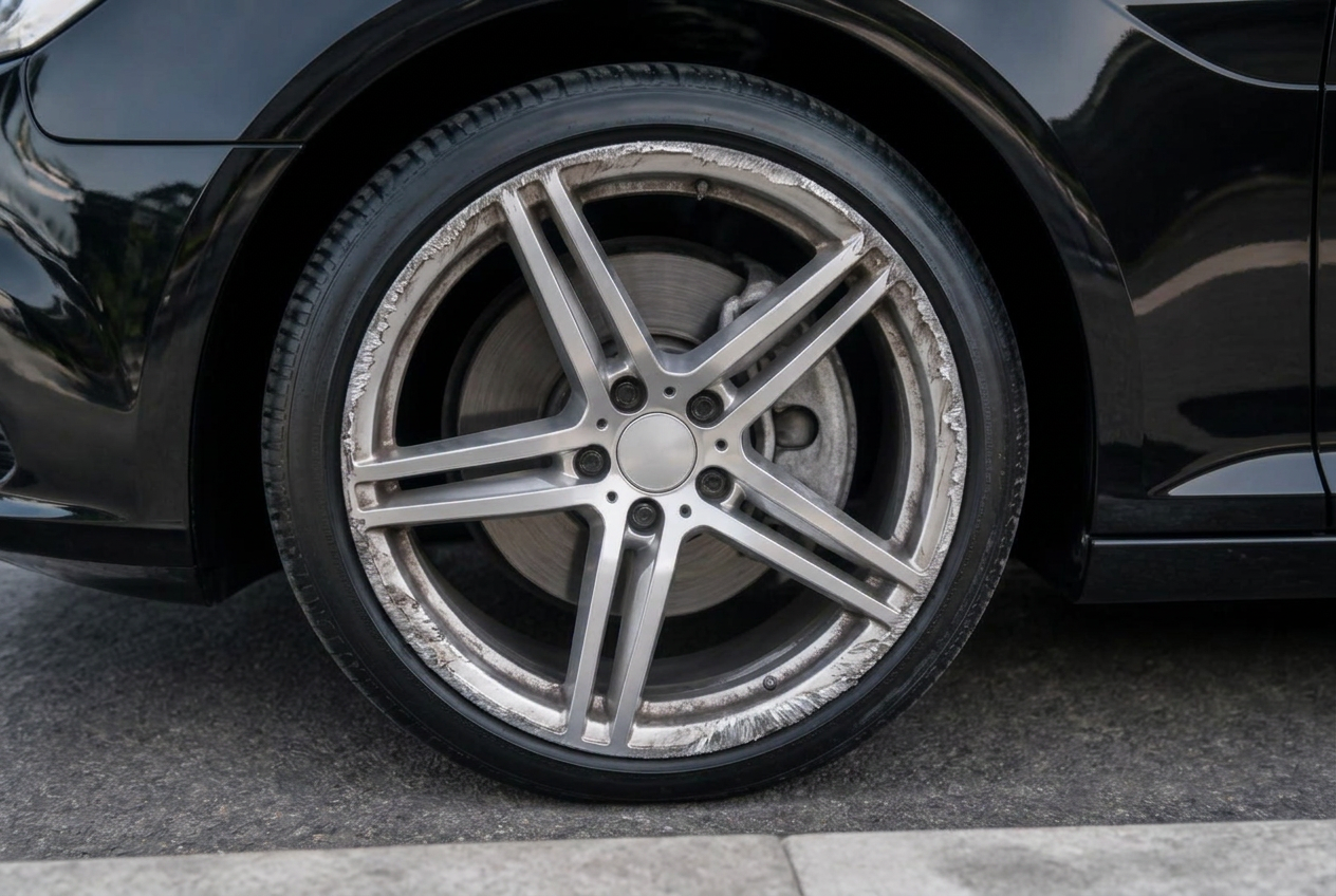 Diamond cut alloy wheel before and after kerb damage refurbishment — before