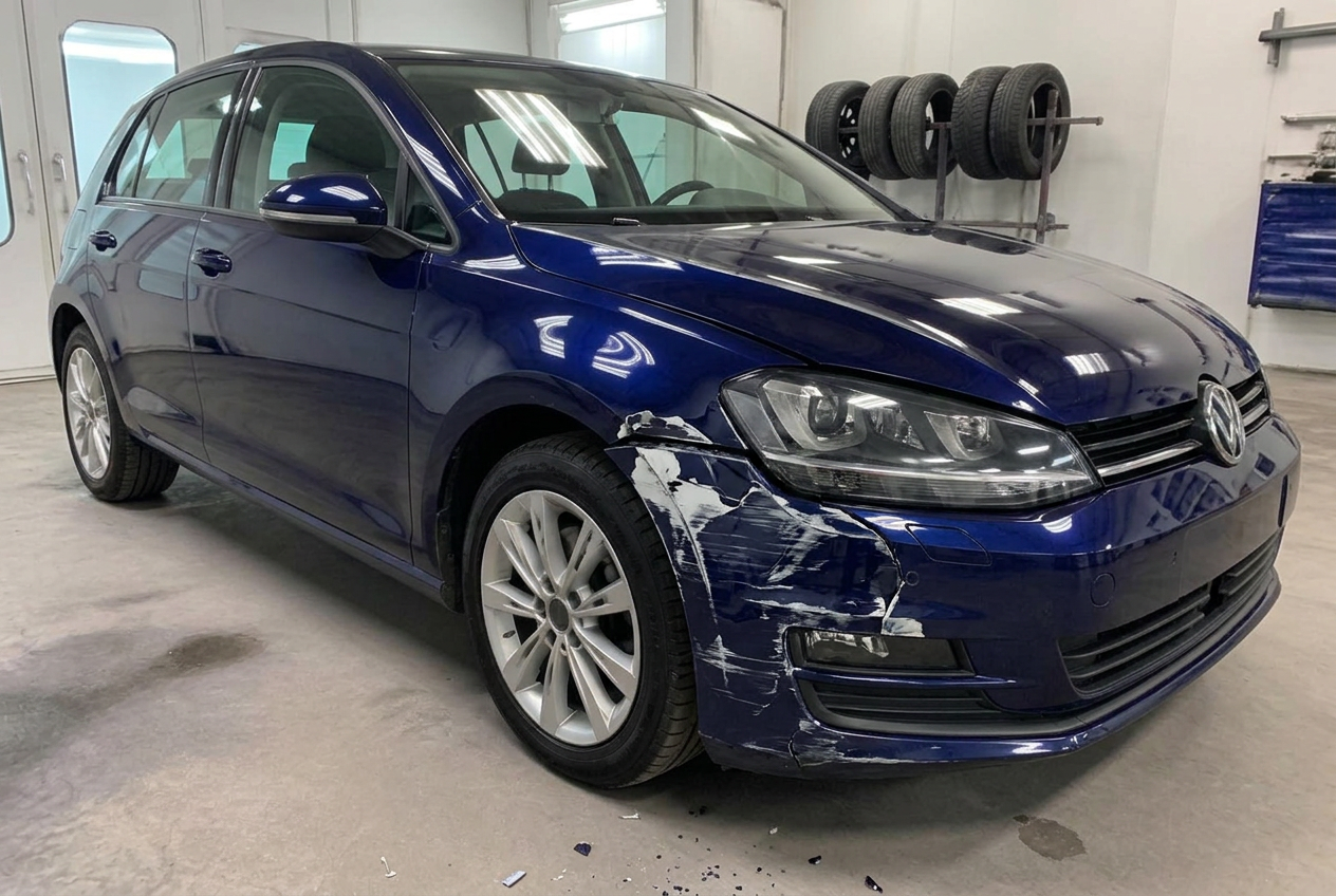Blue Volkswagen Golf front bumper before and after accident repair — before