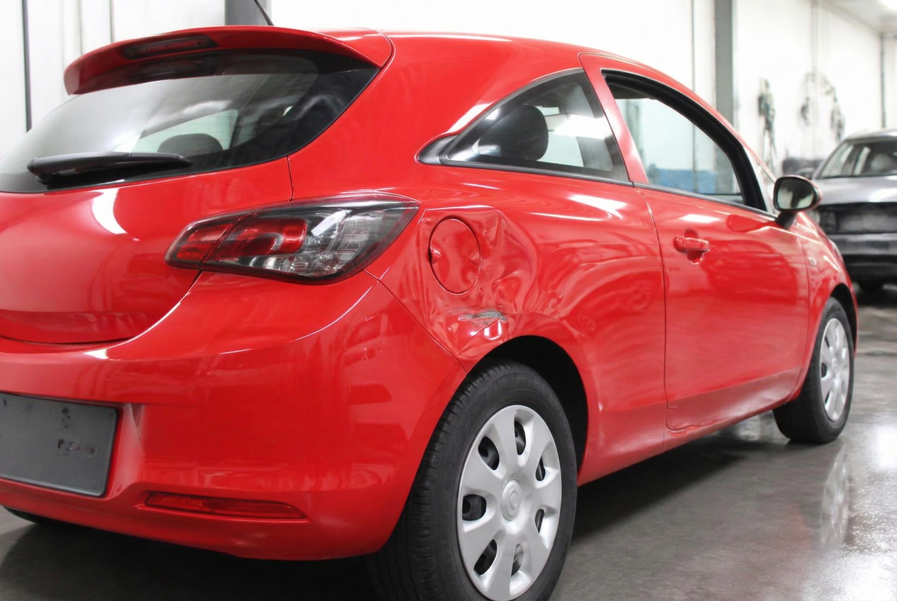 Red Vauxhall Corsa rear wing before and after dent repair — before