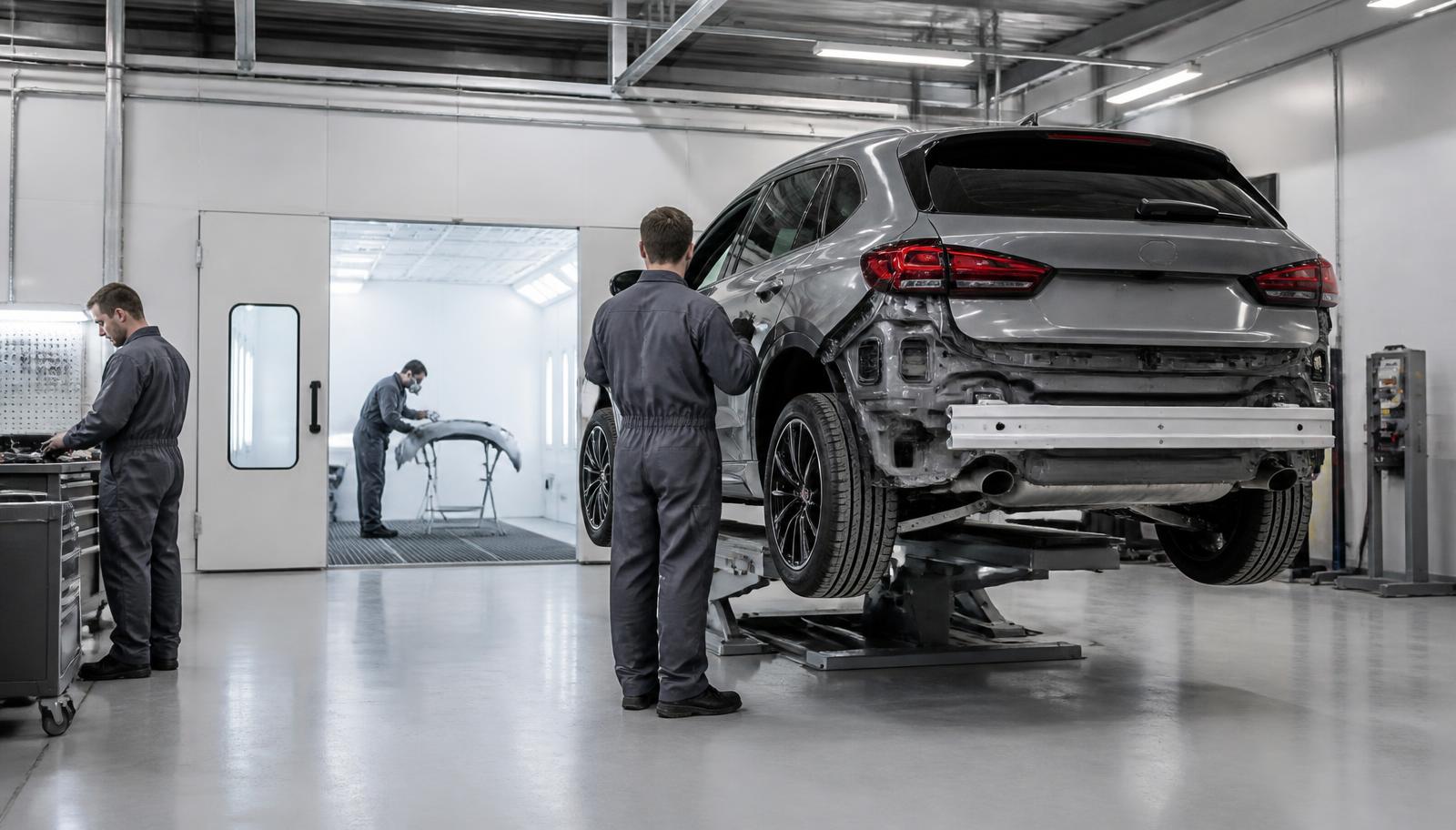 Technicians repairing an accident damaged car inside the Hitchin bodyshop