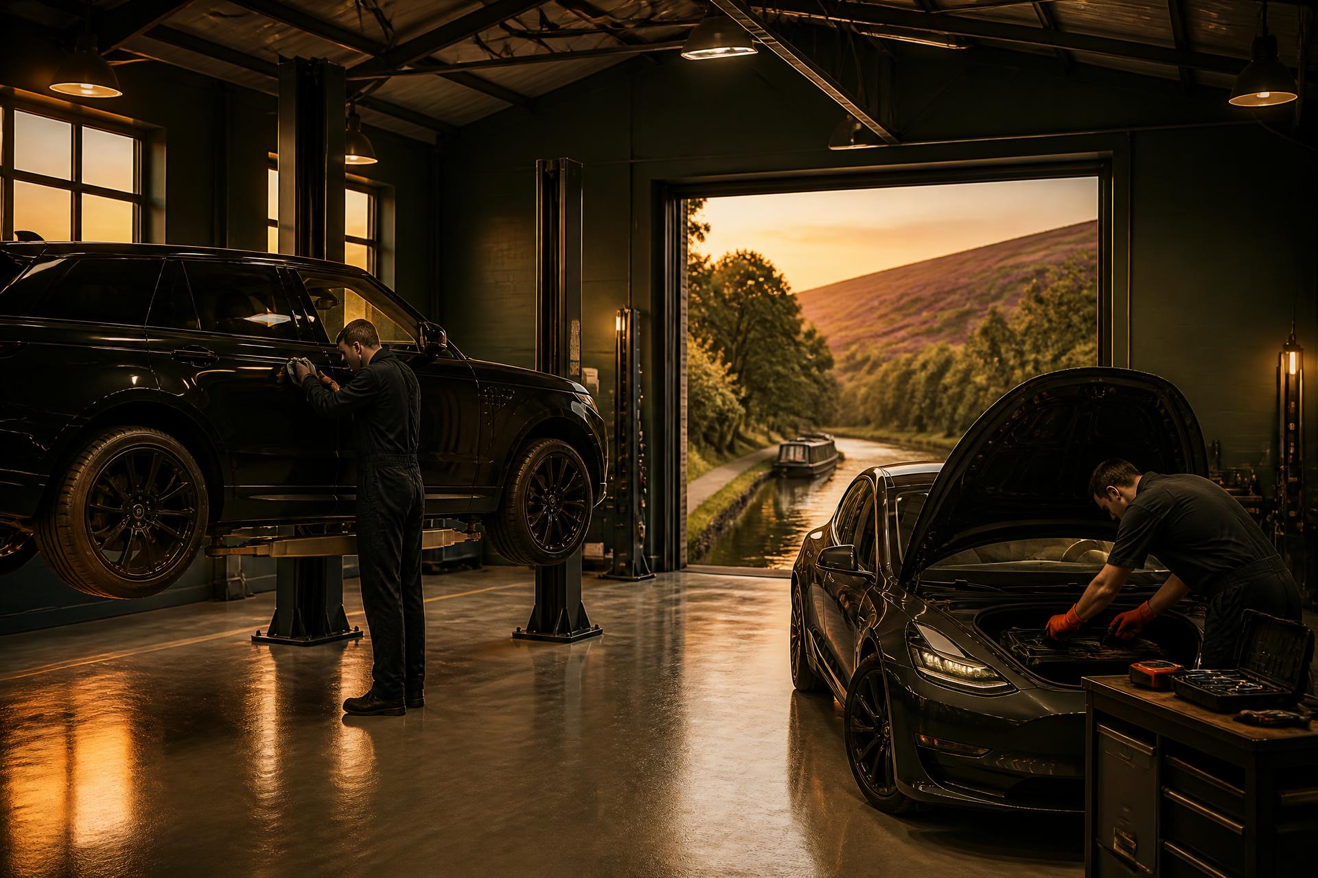 Whaley Bridge Accident Repair Centre workshop overlooking the Peak Forest Canal at golden hour